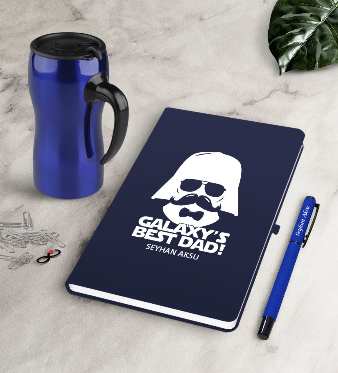Kişiye Özel Galaksinin En İyi Babası Lacivert Defter Kalem Termos Mug Seti