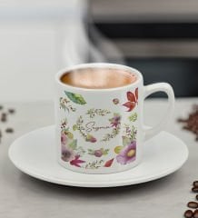 BK Gift Kişiye Özel İsimli Çiçek Tasarımlı Türk Kahvesi Fincanı-1, Arkadaşa Hediye, Sevgiliye Hediye, Doğum Günü Hediyesi