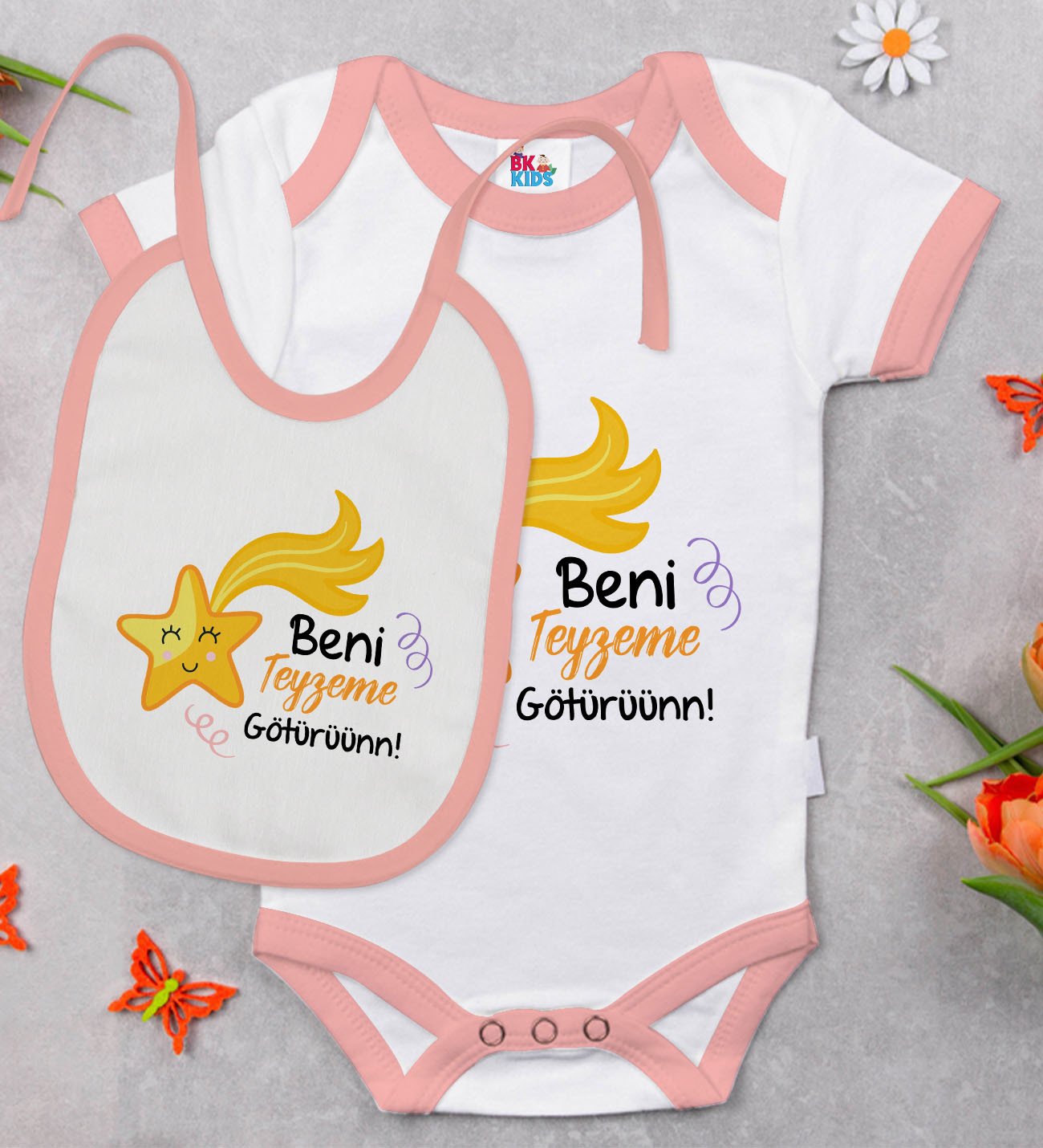 BK Kids Beni Teyzeme Götürün Tasarımlı Pembe Bebek Body Zıbın ve Mama Önlüğü Hediye Seti-1