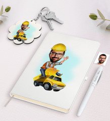 Kişiye Özel Erkek Yol Mühendisi Karikatürlü Beyaz Defter Kalem ve Anahtarlık Hediye Seti