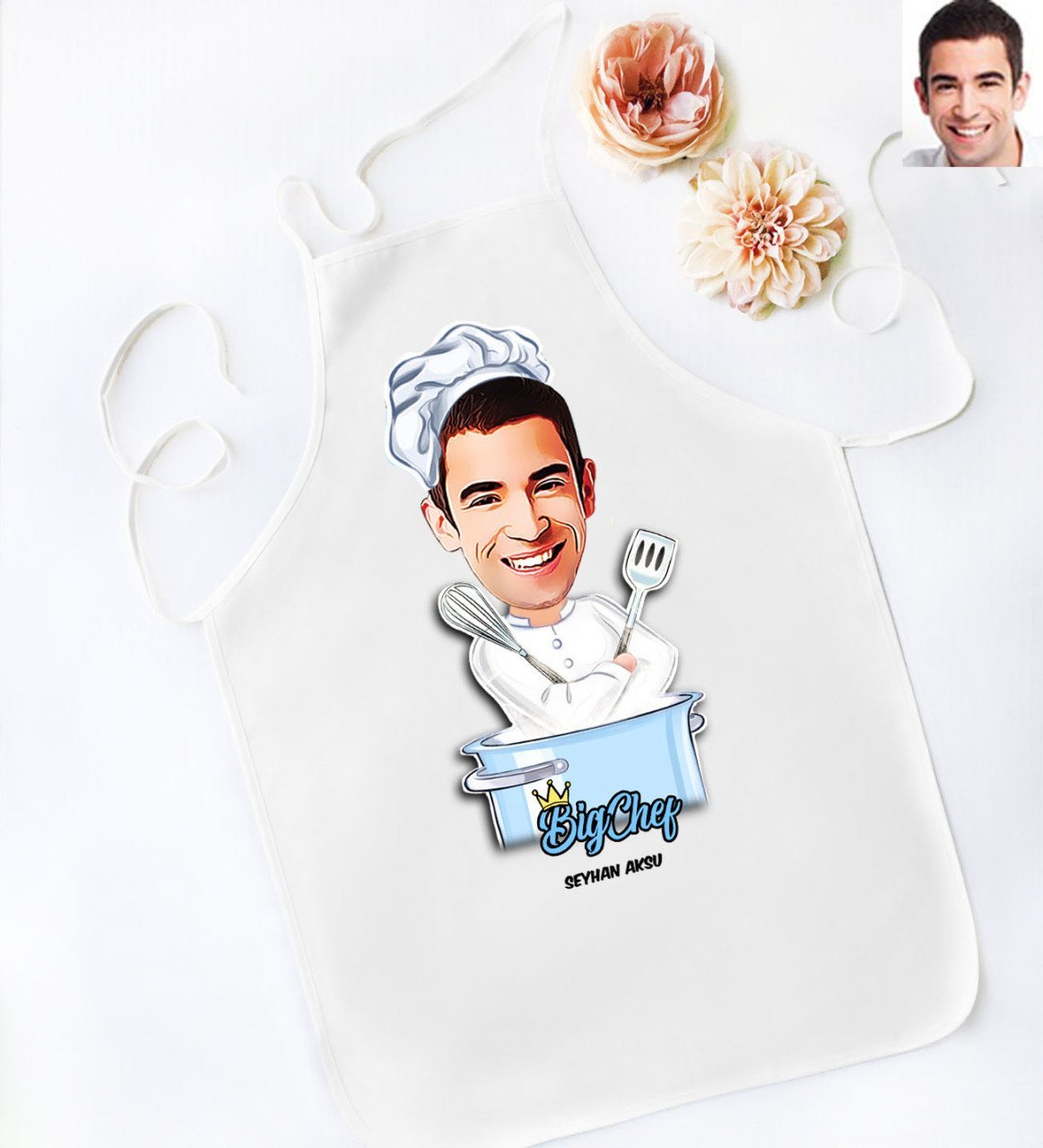 Kişiye Özel Erkek Big Chef Karikatürlü Beyaz Mutfak Önlüğü-1