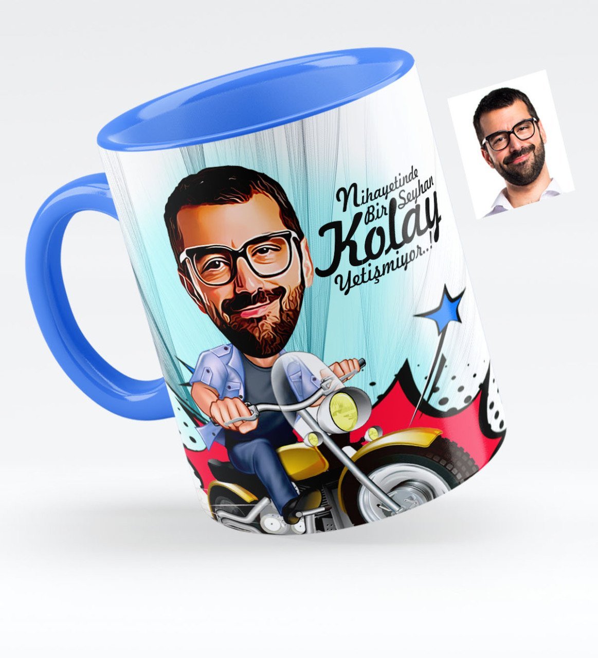 Kişiye Özel Bay Motorcu Karikatürlü Mavi Kupa Bardak - 1