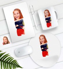 Kişiye Özel Bayan Karikatürlü Defter Kalem Kupa Mouse Pad Seti-12