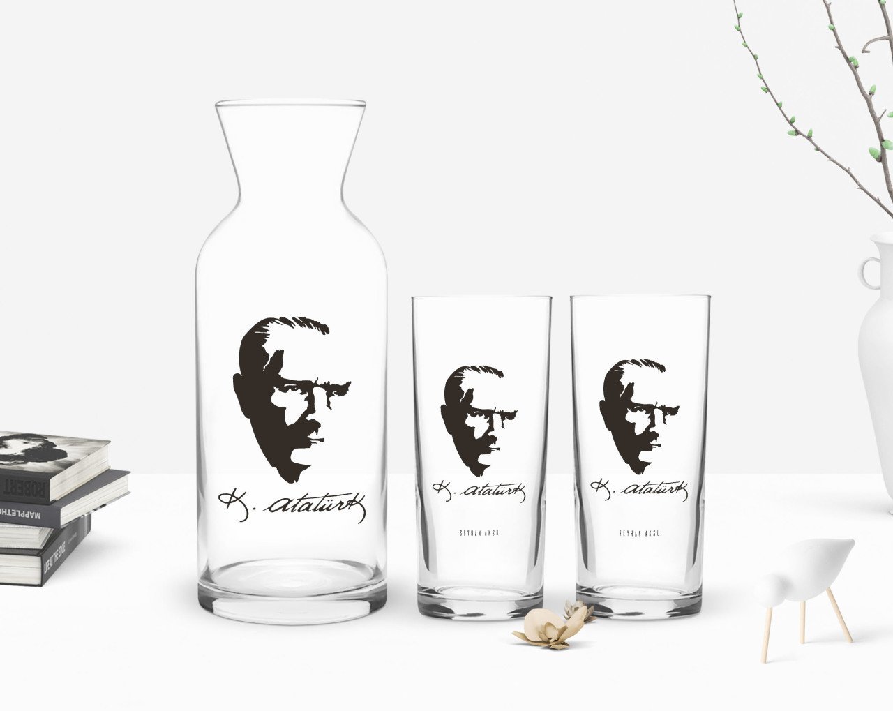 Kişiye Özel Renkli Baskılı Atatürk Temalı İkili Rakı Bardağı ve Karaf Hediye Seti-23
