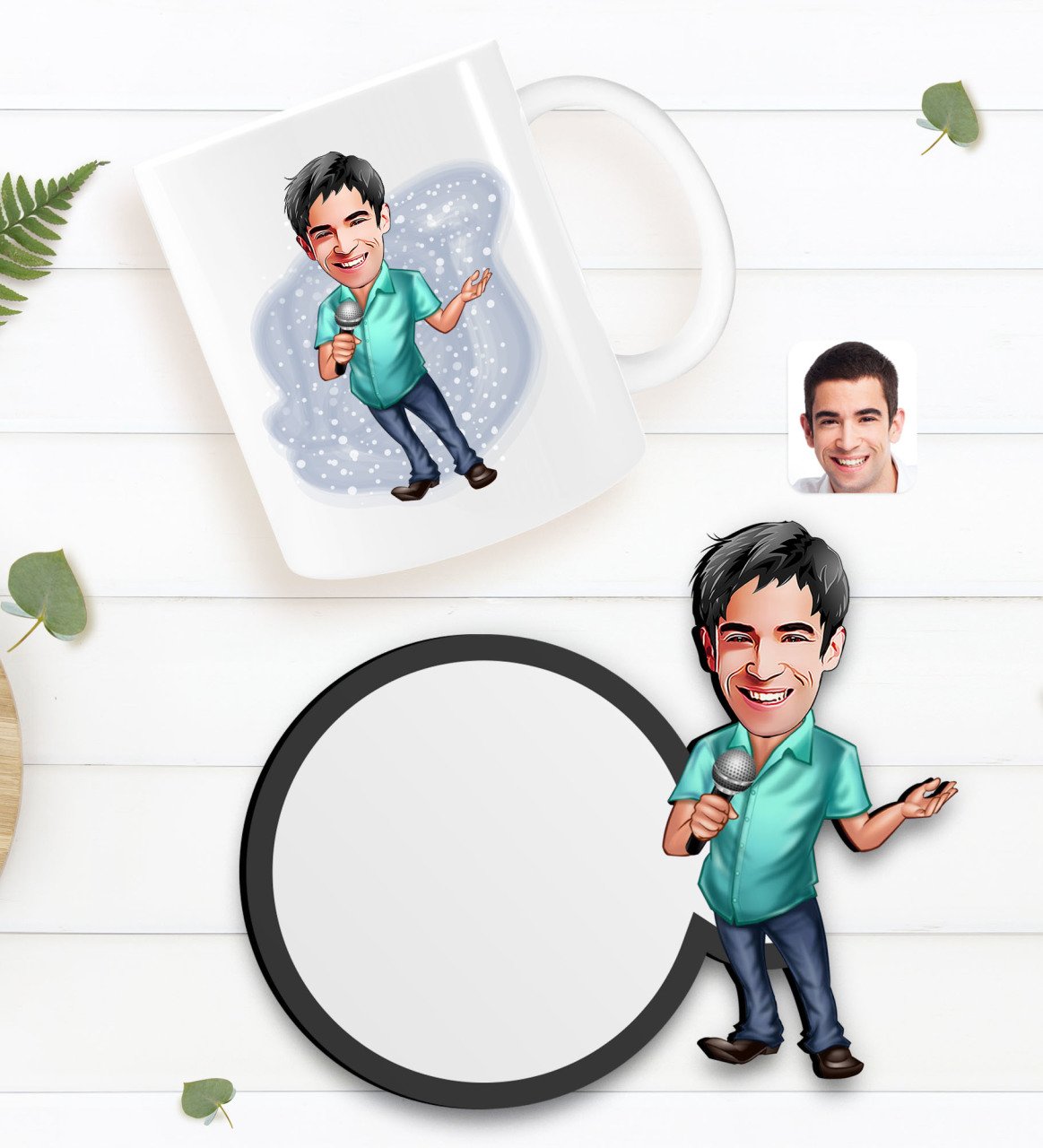 Kişiye Özel Erkek Şarkıcı Karikatürlü Beyaz Kupa ve Ahşap Bardak Altlığı Hediye Seti-1