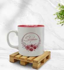 Kişiye Özel Çiçek Tasarımlı İçi Kırmızı Renkli Kupa Bardak Model 1