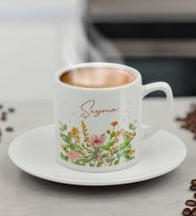 BK Gift Kişiye Özel İsimli Çiçek Tasarımlı Türk Kahvesi Fincanı-3, Arkadaşa Hediye, Sevgiliye Hediye, Doğum Günü Hediyesi