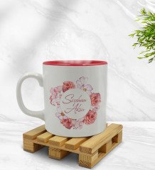 Kişiye Özel Çiçek Tasarımlı İçi Kırmızı Renkli Kupa Bardak Model 2