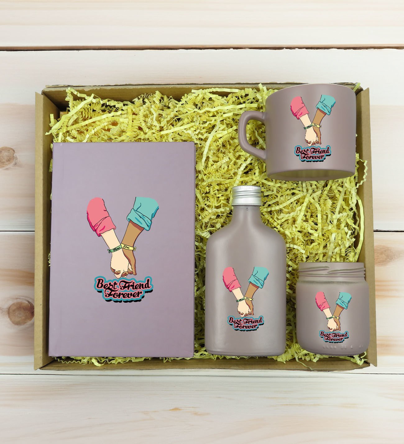 BK Gift Kişiye Özel İsimli DTF Best Friend Temalı Mat Gri Defter & Kahve Fincanı & Kolonya & Mum Hediye Seti-5, Arkadaşa Hediye, Doğum Günü Hediyesi
