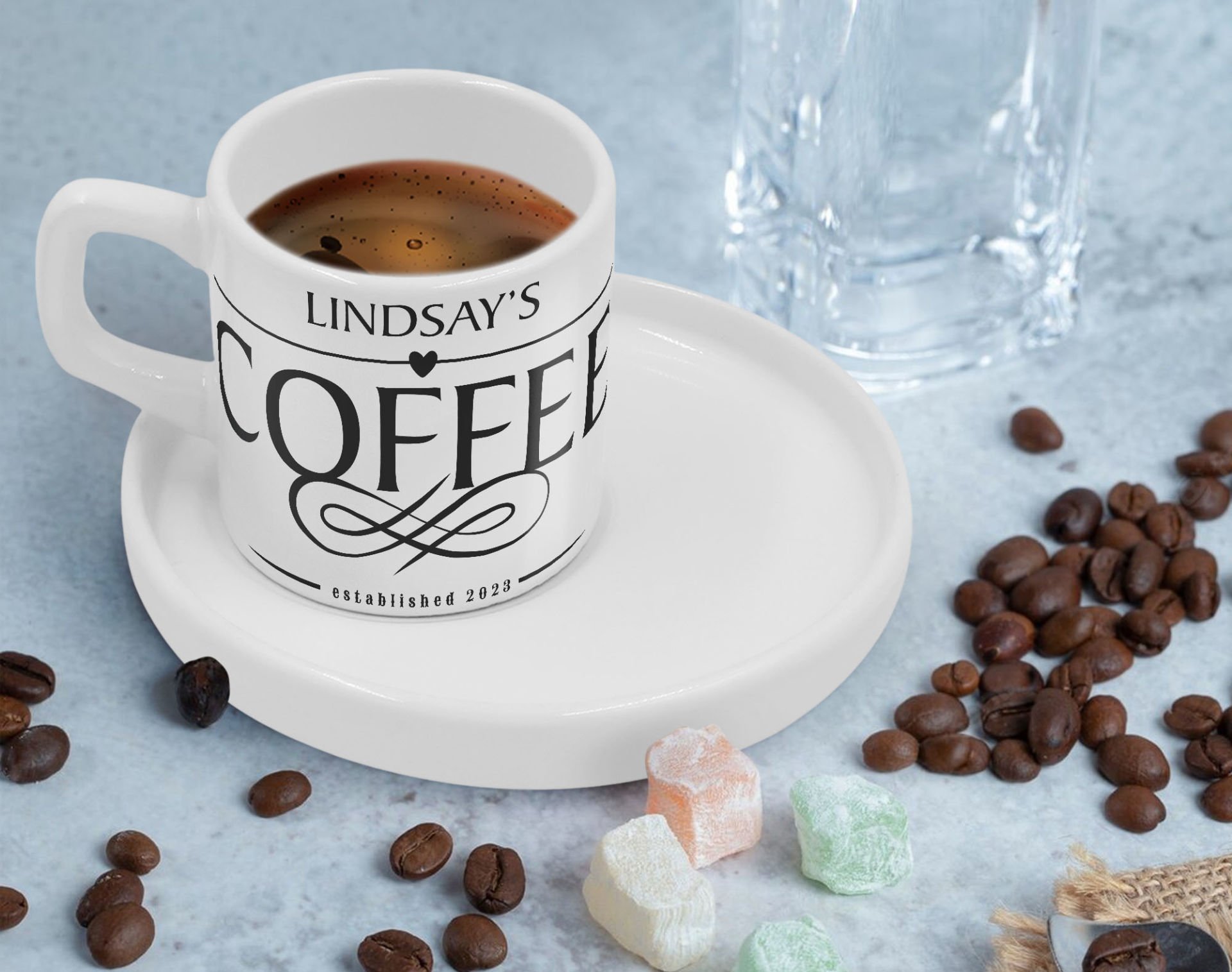 BK Gift Kişiye Özel Sunum Tabaklı İsimli Tarihli Coffe Tasarımlı Türk Kahvesi Fincanı-2, Arkadaşa Hediye, İş Hediyesi, Aileye Hediye