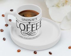 BK Gift Kişiye Özel Sunum Tabaklı İsimli Tarihli Coffe Tasarımlı Türk Kahvesi Fincanı-2, Arkadaşa Hediye, İş Hediyesi, Aileye Hediye