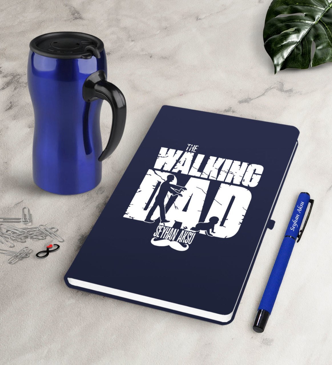 Kişiye Özel The Walking Dad Lacivert Defter Kalem Termos Mug Seti-2