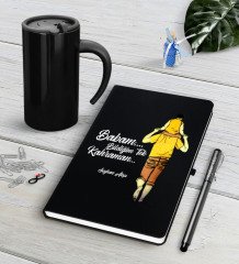 Kişiye Özel Babam Bildiğim Tek Kahraman Siyah Defter Kalem Termos Mug Seti