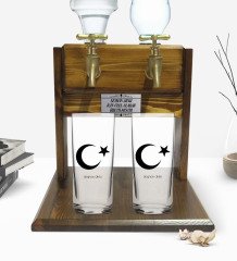 Kişiye Özel Renkli Baskılı Ayyıldız Tasarımlı İkili Rakı Bardağı ve Çift Musluklu Doğal Ahşap Rakı Standı-1