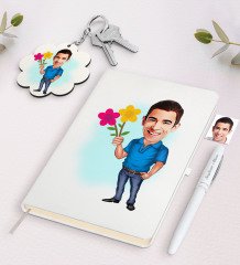 Kişiye Özel Erkek Karikatürlü Beyaz Defter Kalem ve Anahtarlık Hediye Seti-1