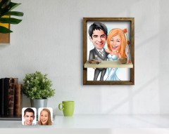 Kişiye Özel Evleniyoruz Karikatürlü Doğal Masif Ahşap Çerçeveli Tablo Duvar Rafı-5