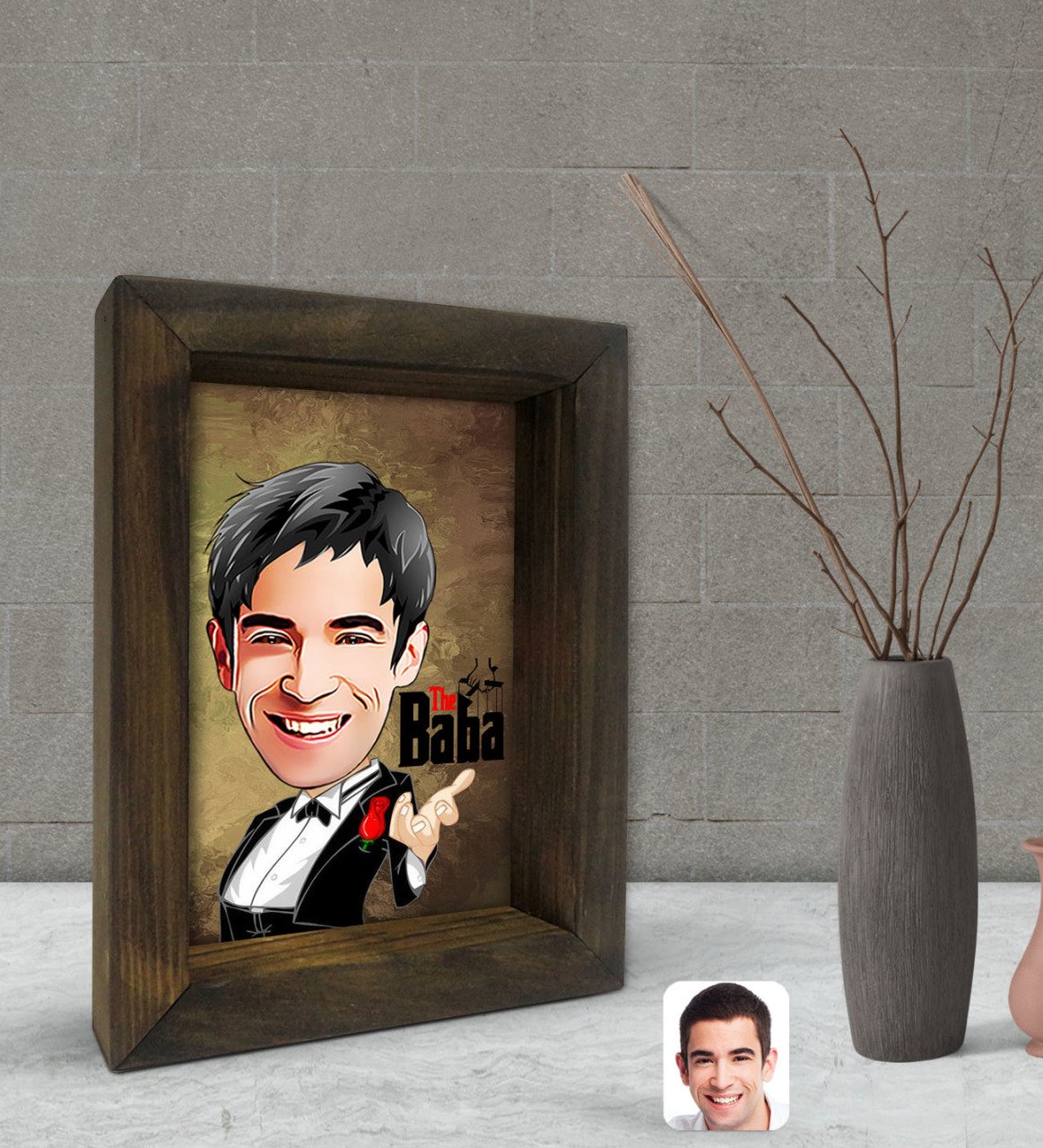 Kişiye Özel Baba Godfather Karikatürlü Dekoratif Doğal Masif Ahşap Çerçeve 15x20cm-3