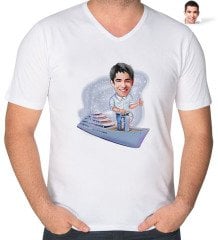 Kişiye Özel Erkek Kaptan Karikatürlü V Yaka Tişört-2