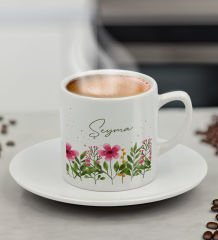 BK Gift Kişiye Özel İsimli Çiçek Tasarımlı Türk Kahvesi Fincanı-6, Arkadaşa Hediye, Sevgiliye Hediye, Doğum Günü Hediyesi