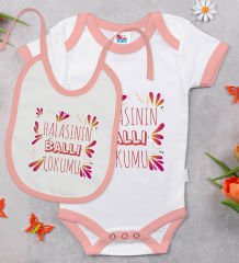 BK Kids Halasının Ballı Lokumu Tasarımlı Pembe Bebek Body Zıbın ve Mama Önlüğü Hediye Seti-1