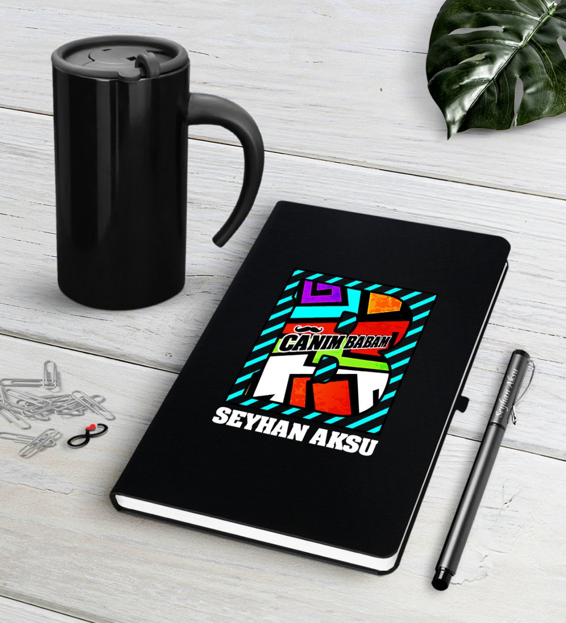 Kişiye Özel Canım Babam Siyah Defter Kalem Termos Mug Seti-3