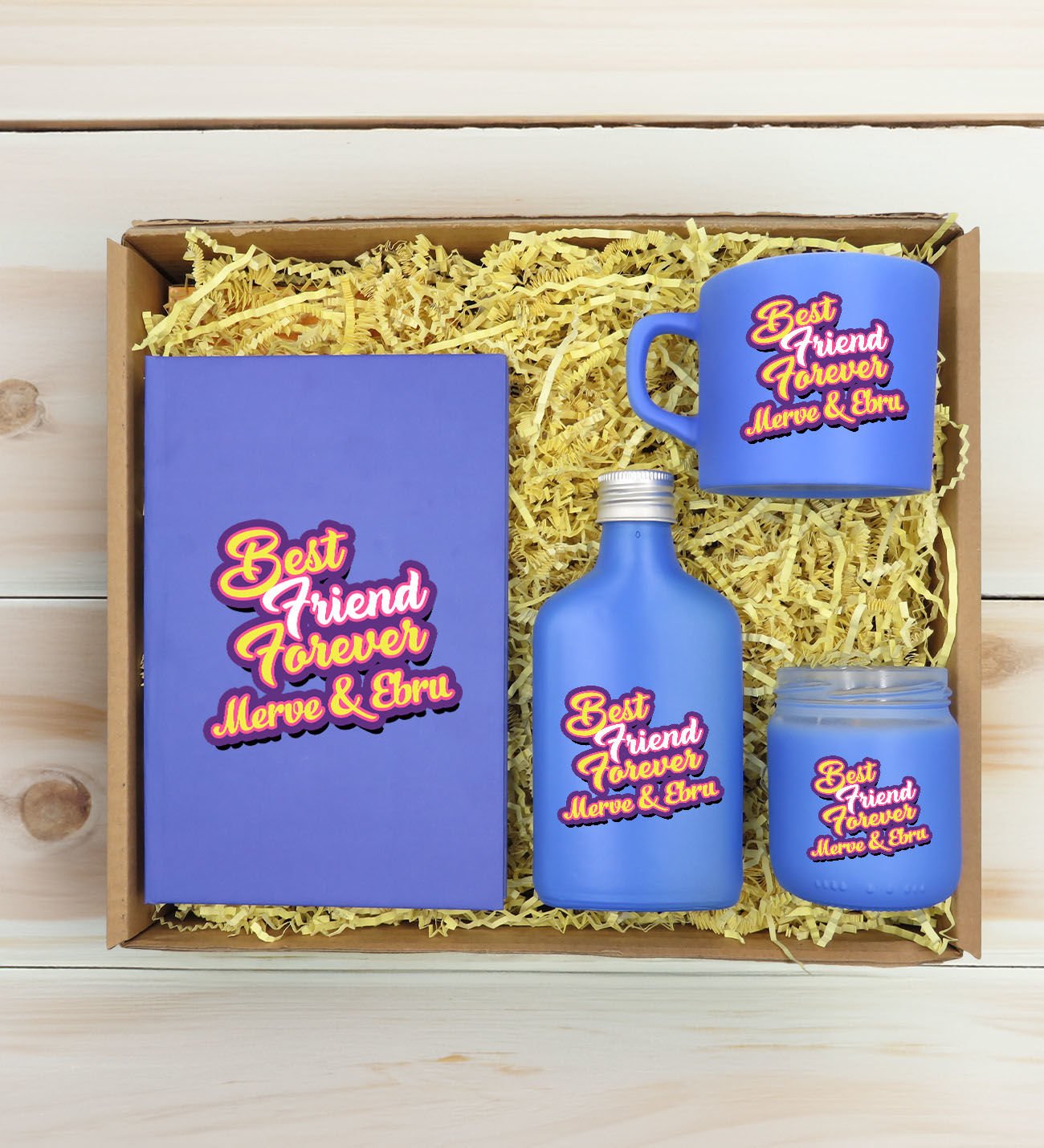 BK Gift Kişiye Özel İsimli DTF Best Friend Temalı Mavi Defter & Kahve Fincanı & Kolonya & Mum Hediye Seti-3, Arkadaşa Hediye, Doğum Günü Hediyesi