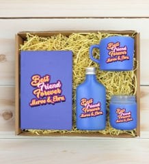 BK Gift Kişiye Özel İsimli DTF Best Friend Temalı Mavi Defter & Kahve Fincanı & Kolonya & Mum Hediye Seti-3, Arkadaşa Hediye, Doğum Günü Hediyesi
