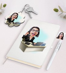 Kişiye Özel Kadın Asistan Karikatürlü Beyaz Defter Kalem ve Anahtarlık Hediye Seti
