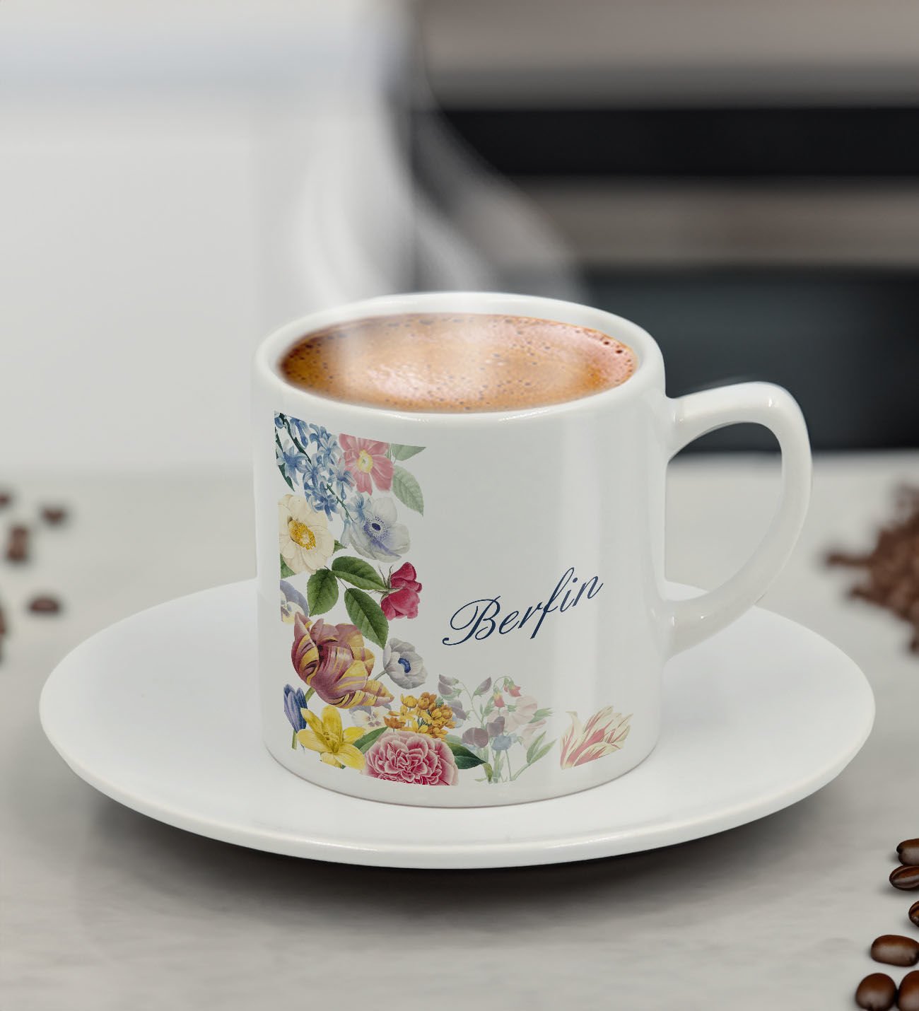 BK Gift Kişiye Özel İsimli Çiçek Tasarımlı Türk Kahvesi Fincanı-8, Arkadaşa Hediye, Sevgiliye Hediye, Doğum Günü Hediyesi