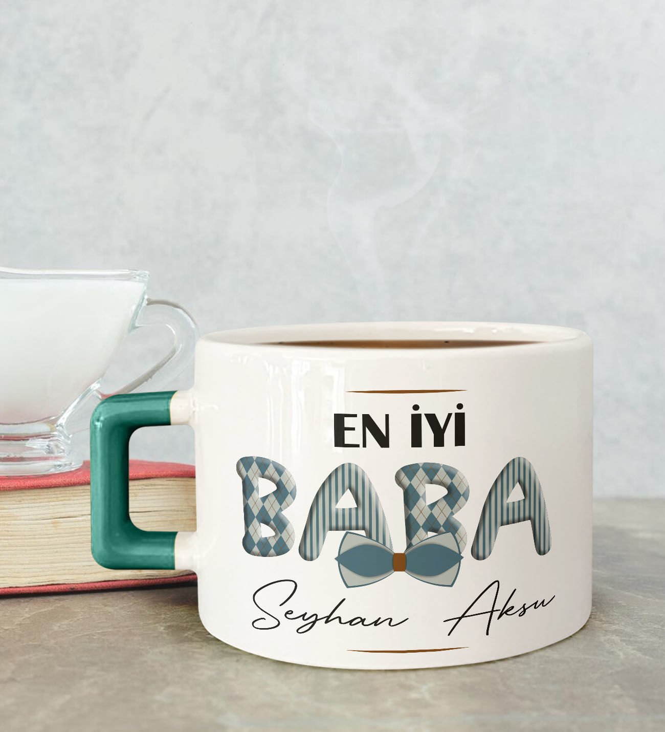 BK Gift Kişiye Özel Babalar Günü Tasarımlı Yeşil Kulplu Çay & Kahve Fincanı-11, Babaya Hediye, Babalar Günü Hediyesi