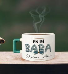 BK Gift Kişiye Özel Babalar Günü Tasarımlı Yeşil Kulplu Çay & Kahve Fincanı-11, Babaya Hediye, Babalar Günü Hediyesi