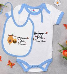 BK Kids Kişiye Özel Halasının Balı Tasarımlı Mavi Bebek Body Zıbın ve Mama Önlüğü Hediye Seti