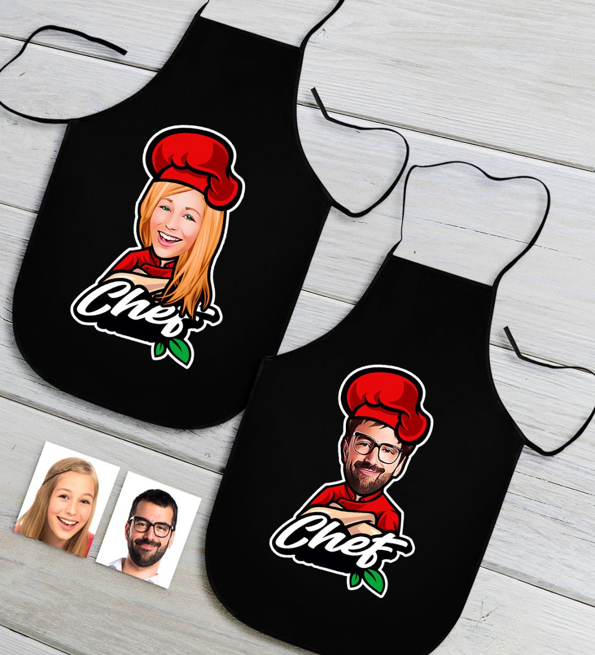 Kişiye Özel İkili Bay ve Bayan Chef Karikatürlü Siyah Mutfak Önlüğü Seti-10