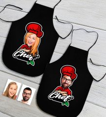 Kişiye Özel İkili Bay ve Bayan Chef Karikatürlü Siyah Mutfak Önlüğü Seti-10