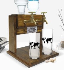 Kişiye Özel Renkli Baskılı Dünya Haritası Tasarımlı İkili Rakı Bardağı ve Çift Musluklu Doğal Ahşap Rakı Standı-1