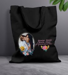 BK Gift Kişiye Özel Fotoğraflı Anneler Günü Tasarımlı Siyah Kumaş Bez Çanta, Baskılı Omuz Çantası, Alışveriş Çantası, Anneler Günü Hediyesi, Anneye Hediye-1
