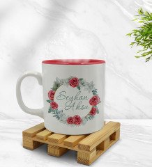 Kişiye Özel Çiçek Tasarımlı İçi Kırmızı Renkli Kupa Bardak Model 8