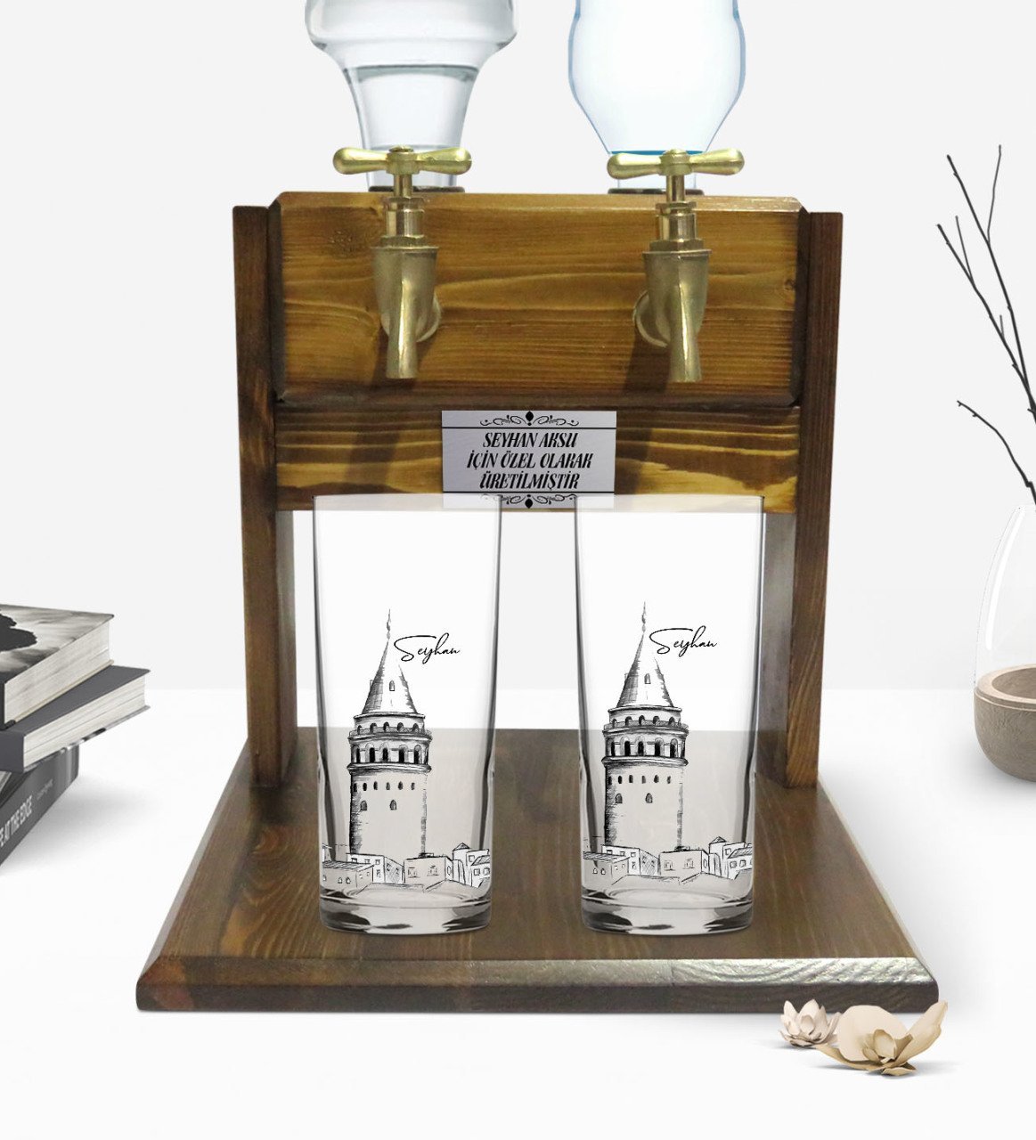 Kişiye Özel Renkli Baskılı Galata Kulesi Tasarımlı İkili Rakı Bardağı ve Çift Musluklu Doğal Ahşap Rakı Standı-10