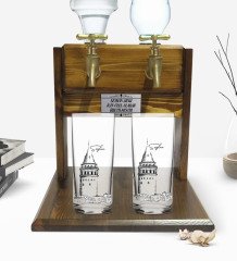 Kişiye Özel Renkli Baskılı Galata Kulesi Tasarımlı İkili Rakı Bardağı ve Çift Musluklu Doğal Ahşap Rakı Standı-10