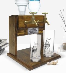 Kişiye Özel Renkli Baskılı Galata Kulesi Tasarımlı İkili Rakı Bardağı ve Çift Musluklu Doğal Ahşap Rakı Standı-10