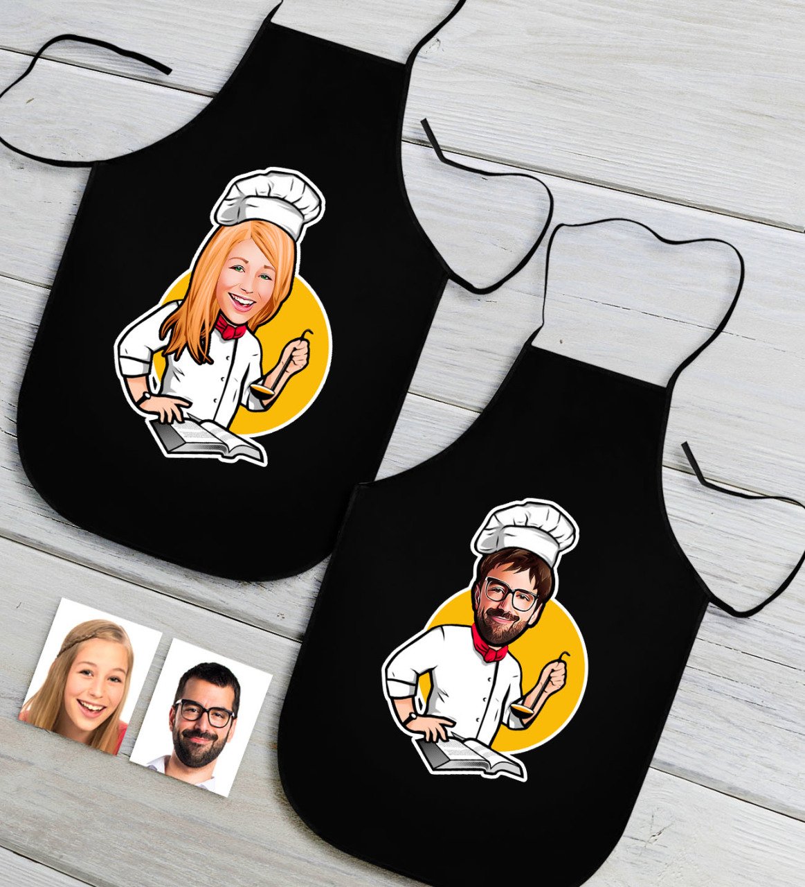 Kişiye Özel İkili Bay ve Bayan Chef Karikatürlü Siyah Mutfak Önlüğü Seti-12