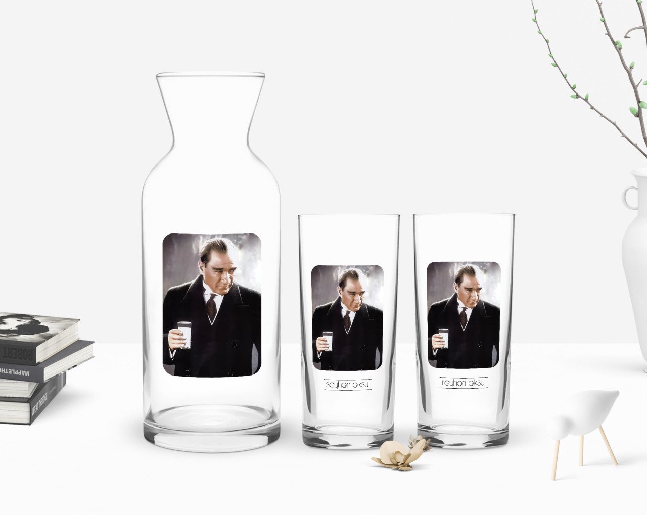 Kişiye Özel Renkli Baskılı Atatürk Temalı İkili Rakı Bardağı ve Karaf Hediye Seti-33