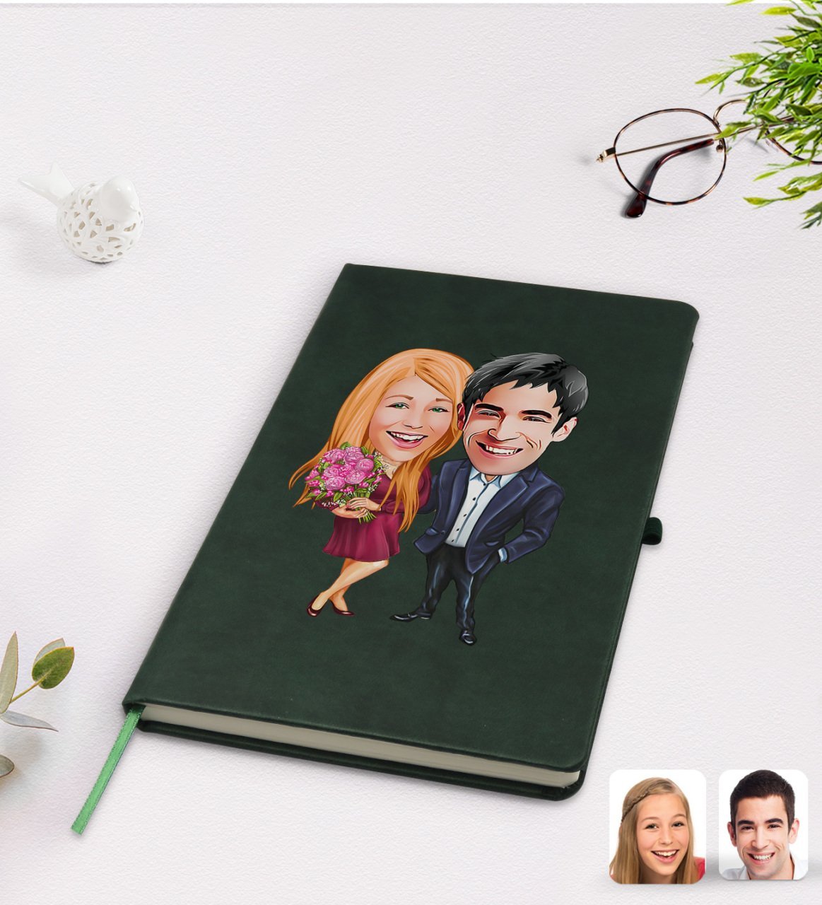 Kişiye Özel Sevgililer Karikatürlü Yeşil Termo Deri Defter Model 94