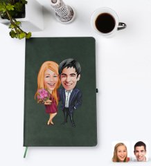 Kişiye Özel Sevgililer Karikatürlü Yeşil Termo Deri Defter Model 94