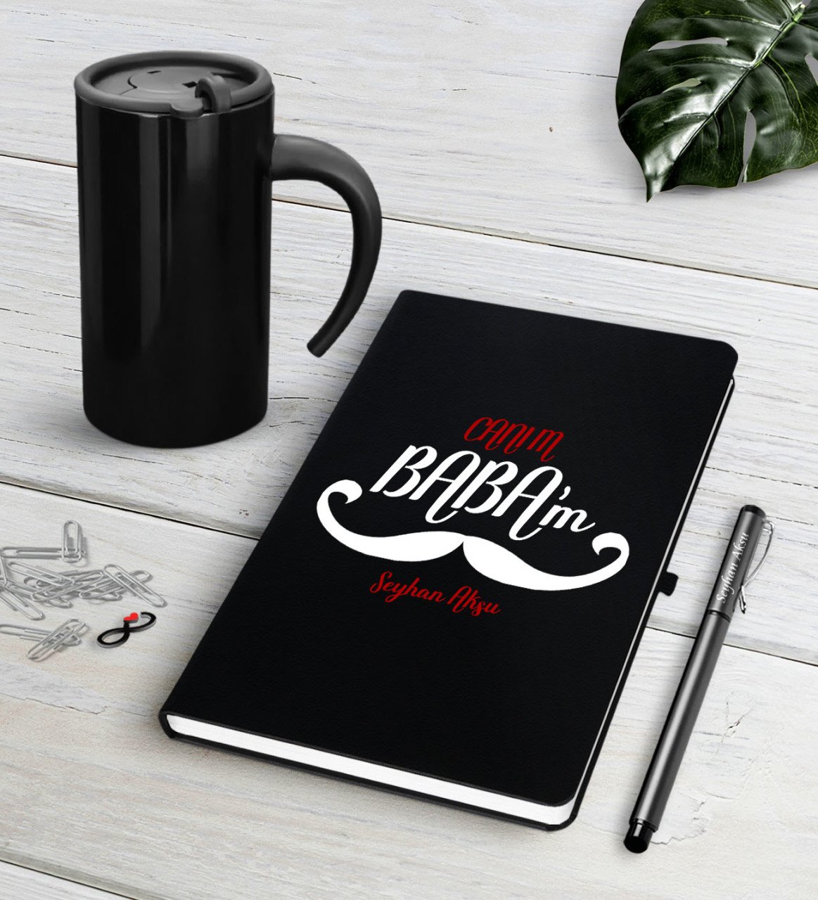 Kişiye Özel Canım Babam Siyah Defter Kalem Termos Mug Seti-8