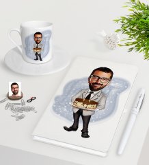 Kişiye Özel Erkek Doğum Günü Karikatürlü Beyaz Defter Kalem Türk Kahvesi Fincanı Seti-4