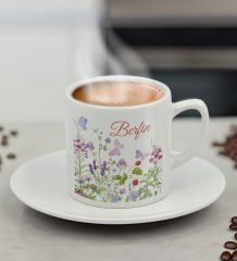 BK Gift Kişiye Özel İsimli Çiçek Tasarımlı Türk Kahvesi Fincanı-12, Arkadaşa Hediye, Sevgiliye Hediye, Doğum Günü Hediyesi