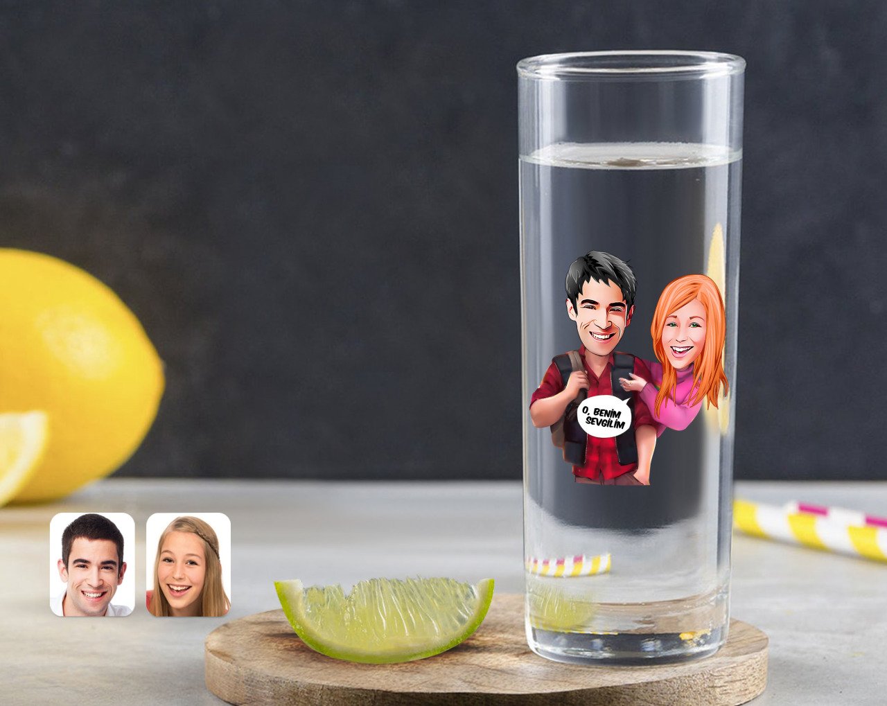 Kişiye Özel Renkli Baskılı Sevgililer Karikatürlü Vodka Bardağı-91