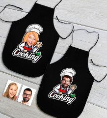 Kişiye Özel İkili Bay ve Bayan Chef Karikatürlü Siyah Mutfak Önlüğü Seti-14