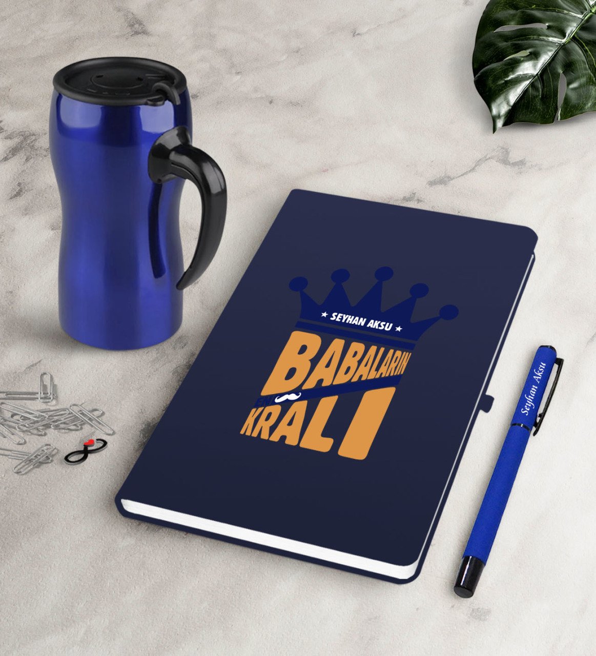 Kişiye Özel Babaların En Kralı Lacivert Defter Kalem Termos Mug Seti